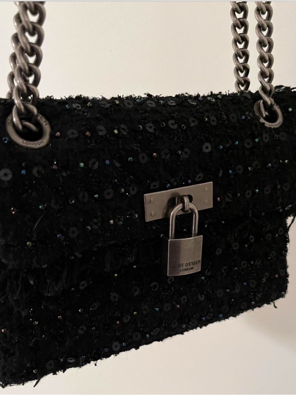 Kurt Geiger Black Sequin Chain Shoulder Bag with Padlock